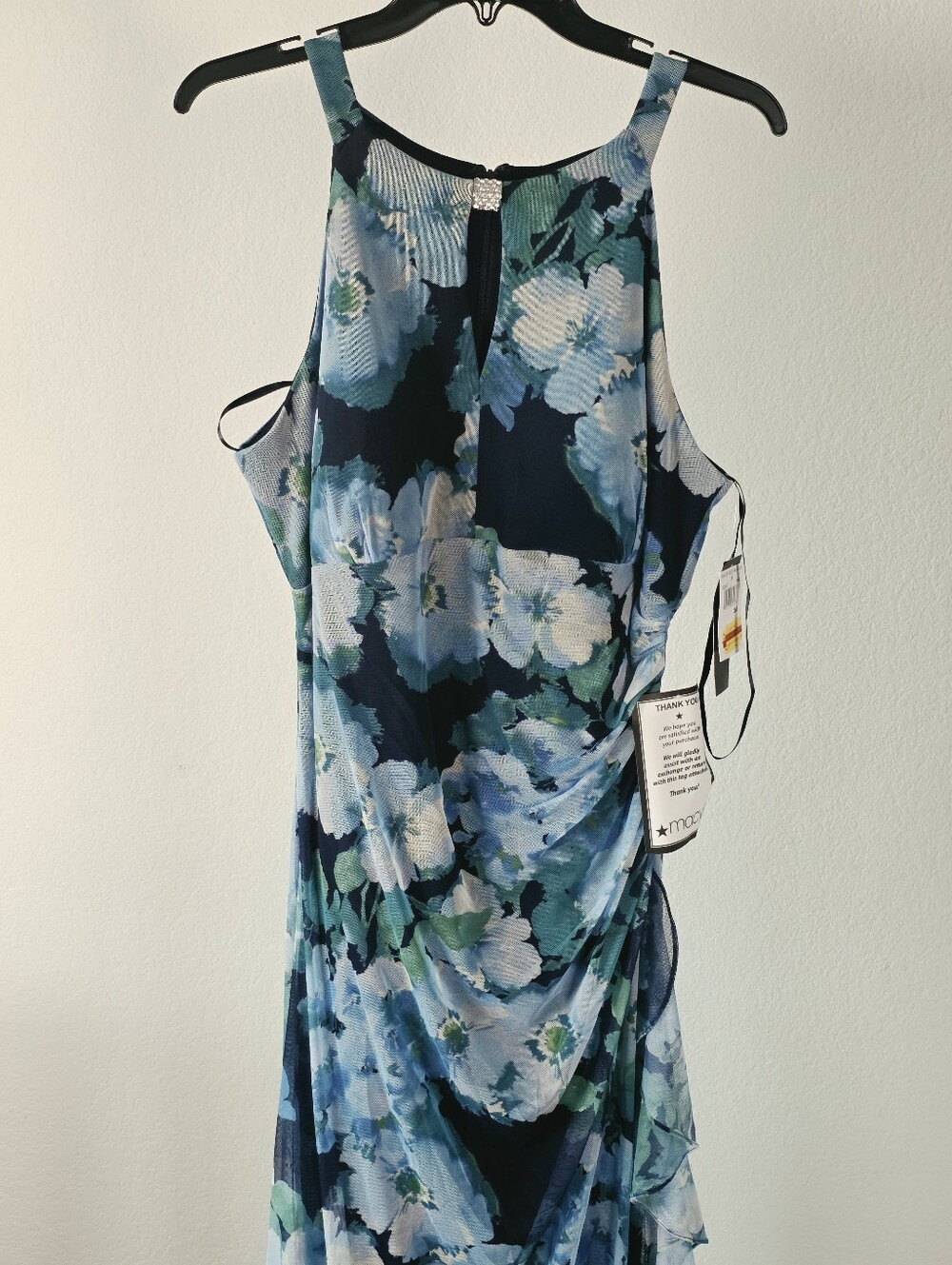 Betsy & Adam NWT Size 16 Blue Floral Chiffon Ruched Ruffle Maxi Gown Dress - Picture 3 of 12